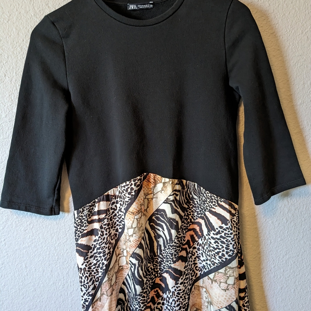 Zara Satin Animal Patch Print Midi Dress Black Brown 3/4 Sleeves A-line Sz M - Picture 6 of 10